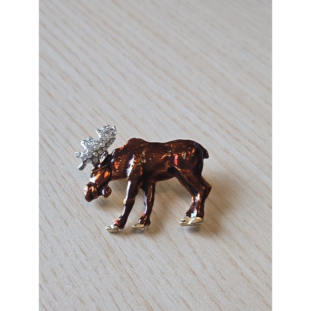 Vintage Brown Enamel Moose Gold Toned Rhinestone Antlers Eyes Figural Pin Brooch
